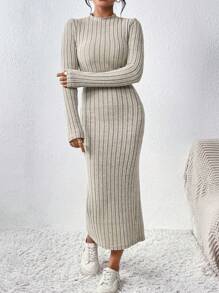 SHEIN Frenchy 模仿領口肋紋針織連體裙 - 杏色 - 查看 5