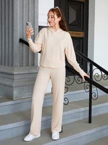 青少年女孩素色落肩袖連帽T恤和褲子 - 卡其色 - 查看 5