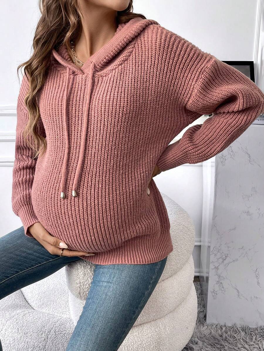 SHEIN Thai sản Thả vai Dây rút áo có mũ Áo len - Gỗ đỏ - Xem 1
