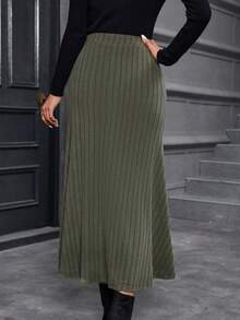 SHEIN LUNE Falda bajo de sirena unicolor tejido de canalé - Verde - Ver 2