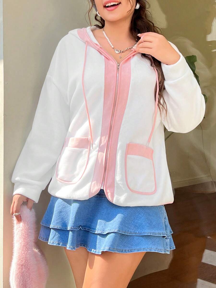 SHEIN EZwear 大尺碼女士拼接系帶連帽夾克 - 彩色 - 查看 1