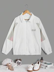 SHEIN EZwear Plus Letter Embroidery Colorblock Raglan Sleeve Jacket - Multicolor - View 1