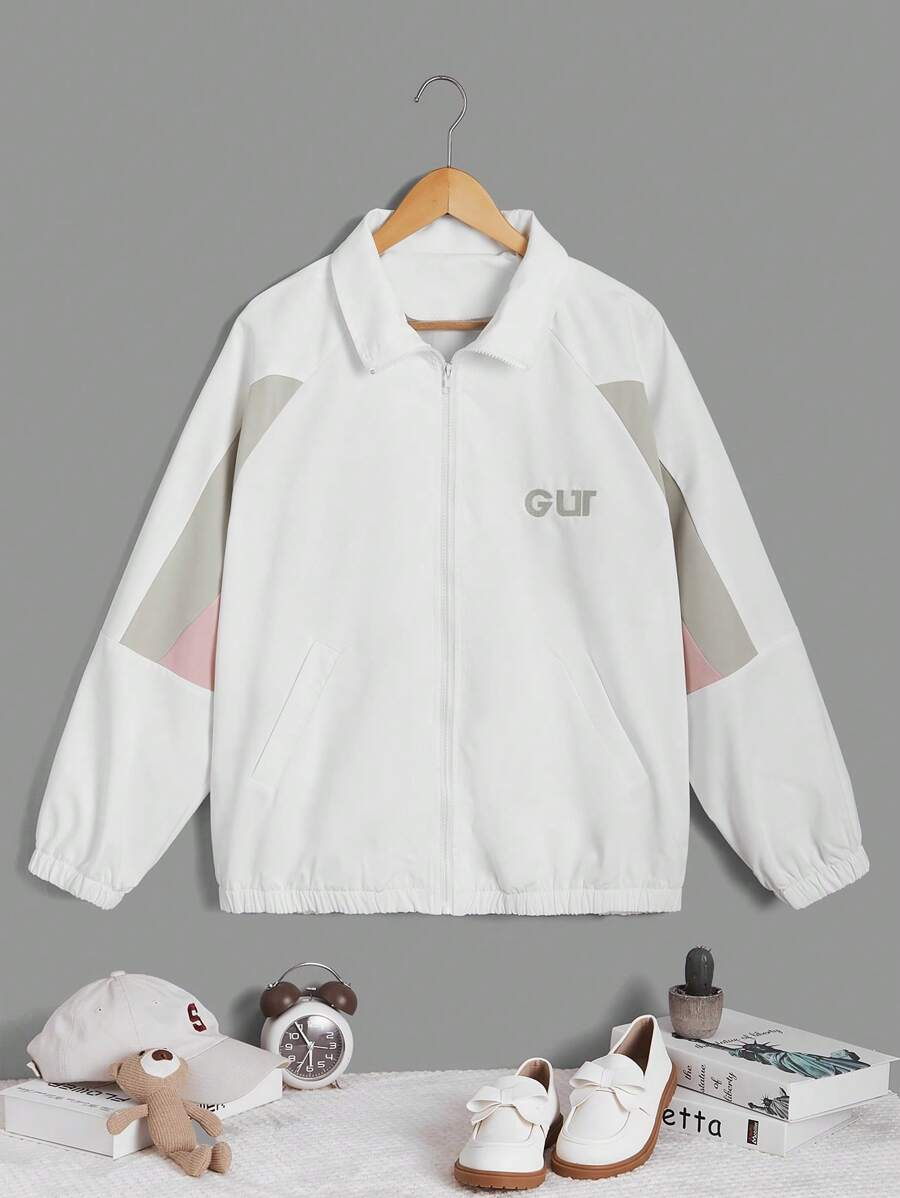 SHEIN EZwear Plus Letter Embroidery Colorblock Raglan Sleeve Jacket - Multicolor - View 1