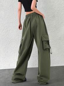 SHEIN Unity Túi có nắp Eo dây rút Quần Cargo - xanh quân đội - Xem 2