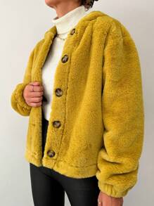 EURMUSE Button Front Hooded Teddy Coat - Yellow - View 4