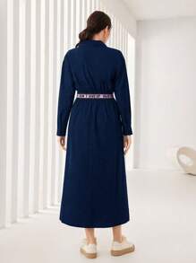 Seusyu 字母飾帶翻蓋細節襯衫連身裙 - 寶藍色 - 查看 2