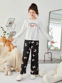 SHEIN Camiseta Con Estampado De Letras Y Mariposas Para Chicas Adolescentes Y Pantalones Largos Ropa Para El Hogar