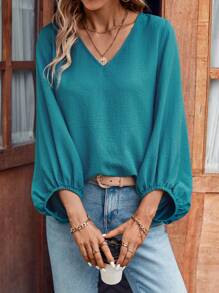 SHEIN LUNE Chất rắn Tay áo lồng đèn Áo sơ mi - Màu xanh lam - Xem 2