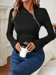 SHEIN Clasi 拉鏈開襟小高領T恤 - 黑色 - 查看 6