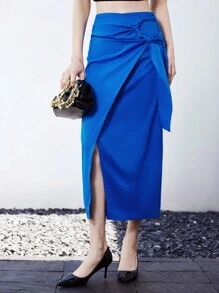 Aveloria Solid Knot Side Wrap Hem Skirt - Royal Blue - View 5
