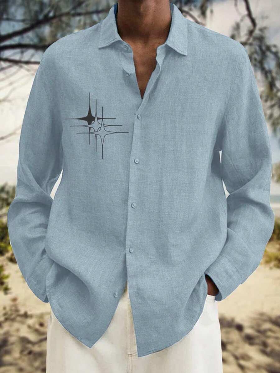 Manfinity Homme Loose Men's Graphic Print Button Front Shirt - Blue - View 1