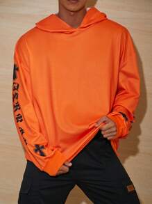 Men Chinese Letter & Cross Graphic Drop Shoulder Hoodie - Orange - View 2