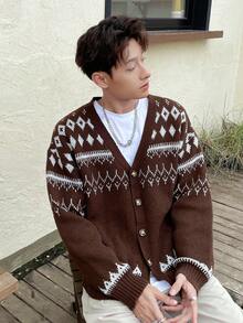 Manfinity Hypemode Men's Geometric Pattern Drop-shoulder Cardigan With Open Front - Coffee Brown - View 3