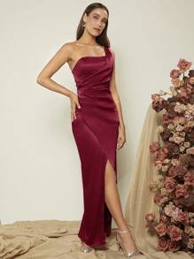 SHEIN Belle Váy phù dâu bằng vải satin viền một bên vai màu đỏ tía - Màu Đỏ Sâu - Xem 6