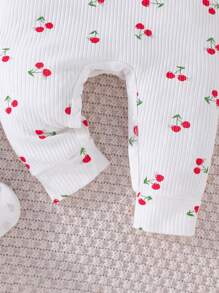 Baby Girl Cherry Print Ruffle Trim Button Front Jumpsuit - White - View 3