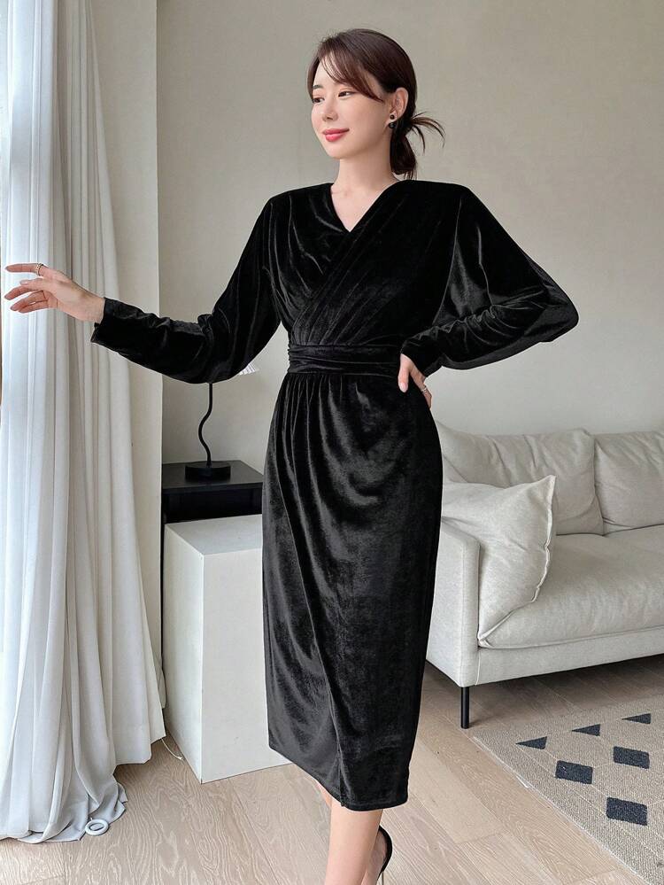 Surplice Neck Ruched Waist Dress,Fall Dress Long Sleeve Dress