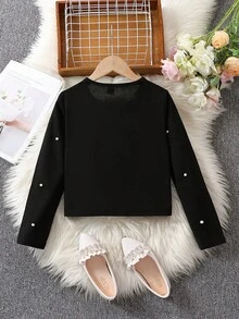 SHEIN Tween Girls' Pearl Decorated Top - Black - View 2