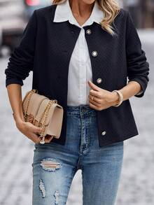 SHEIN LUNE Solid Button Front Jacket - Navy Blue - View 4