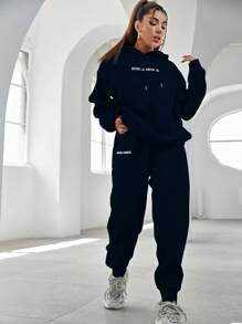SHEIN Unity Letter Graphic Drop Shoulder Drawstring Hoodie & Sweatpants Fall Cloth For Women - Navy Blue - View 6