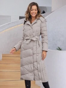 HaiLuoZi Áo khoác có mũ trùm đầu có đệm và thắt lưng có nút bấm - Màu Khaki - Xem 4