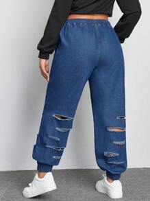 SHEIN EZwear 大碼腰部抽繩破洞抽鬚束腳牛仔褲 - 深色水洗藍 - 查看 2