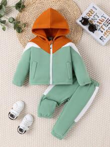 Baby Boy Colorblock Zip Up Hooded Jacket & Sweatpants - Green - View 1
