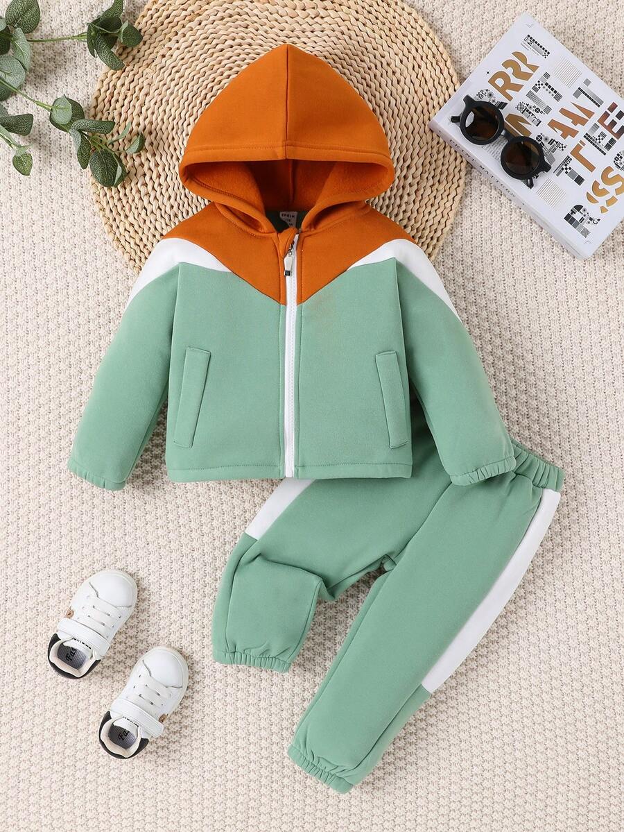 Baby Boy Colorblock Zip Up Hooded Jacket & Sweatpants - Green - View 1