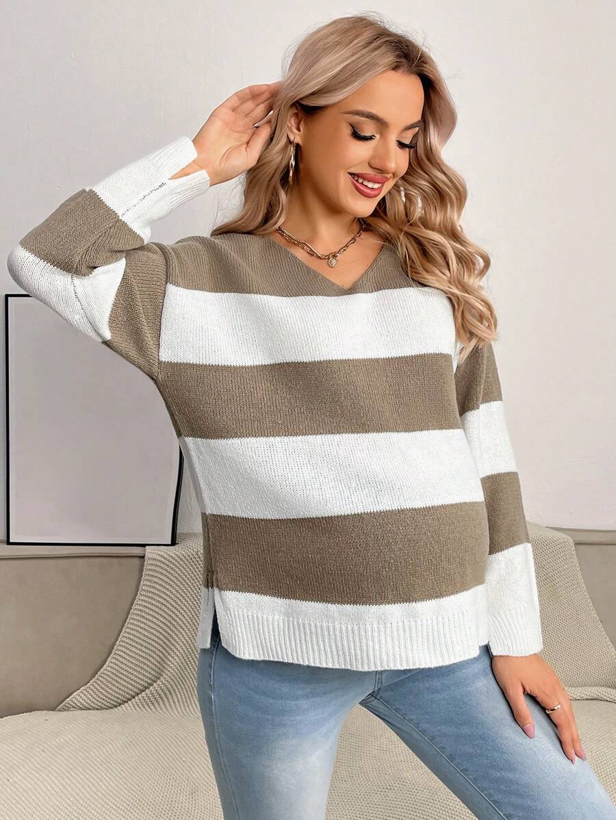 SHEIN 孕婦休閒寬鬆長袖小v領套頭毛衣 - 彩色 - 查看 1