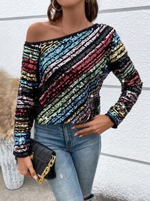 SHEIN Unity 女式不对称领口亮片衬衫派对单肩上衣 - 彩色 - 查看 1