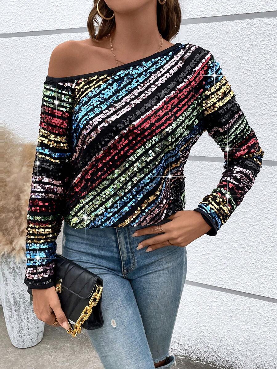 SHEIN Unity 女式不对称领口亮片衬衫派对单肩上衣 - 彩色 - 查看 1