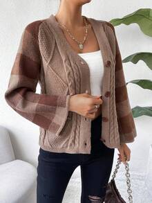 SHEIN Essnce Hoa văn kẻ sọc Xoắn Dan Nút phía trước Áo len Mở - Màu nâu  Mocha - Xem 3