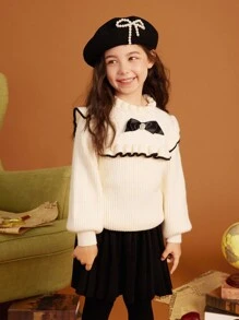 Tween Girl Bow Front Lantern Sleeve Frill Trim Sweater - Beige - View 2