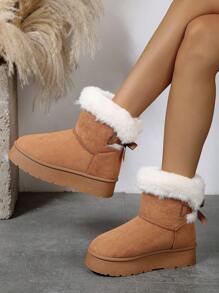 Women Bow Tie Back Thermal Lined Thick Bottom Mid-Calf Boots - Brown - View 1