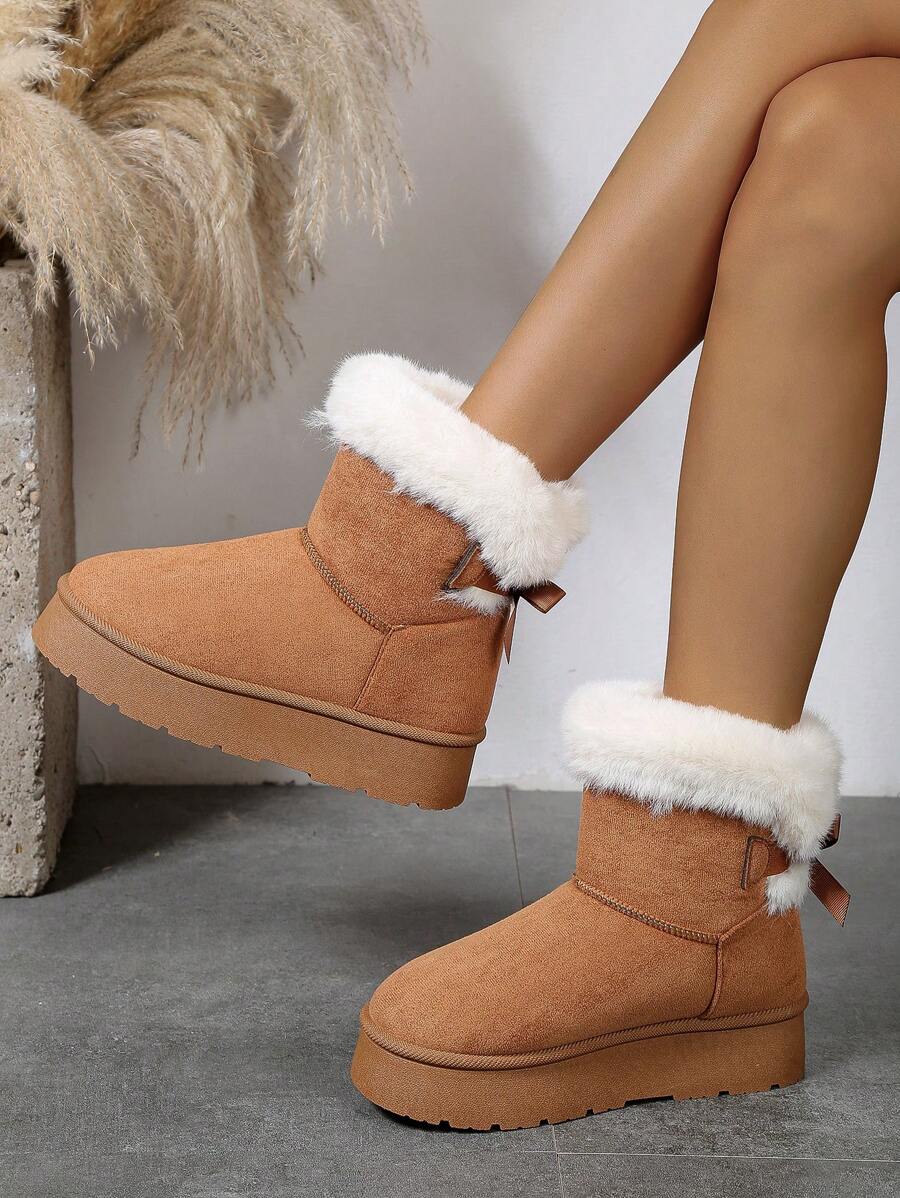 Women Bow Tie Back Thermal Lined Thick Bottom Mid-Calf Boots - Brown - View 1