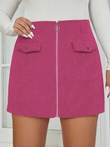 Flirla 大碼拉鏈開襟翻蓋口袋燈芯絨半身裙 - 中紫紅色 - 查看 1