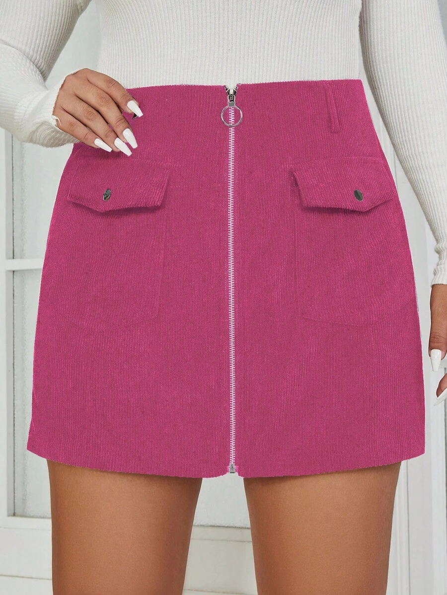 Flirla 大碼拉鏈開襟翻蓋口袋燈芯絨半身裙 - 中紫紅色 - 查看 1