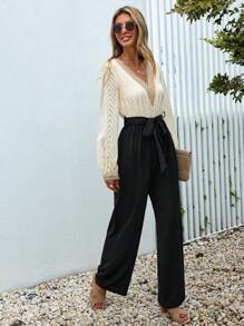 SHEIN VCAY Two Tone Contrast Lace Belted Jumpsuit - Multicolor - View 4
