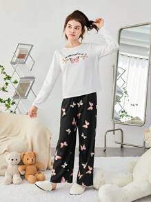 SHEIN Camiseta Con Estampado De Letras Y Mariposas Para Chicas Adolescentes Y Pantalones Largos Ropa Para El Hogar
