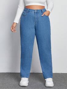 SHEIN EZwear 大碼高腰直筒牛仔褲 - 中等水洗藍 - 查看 1