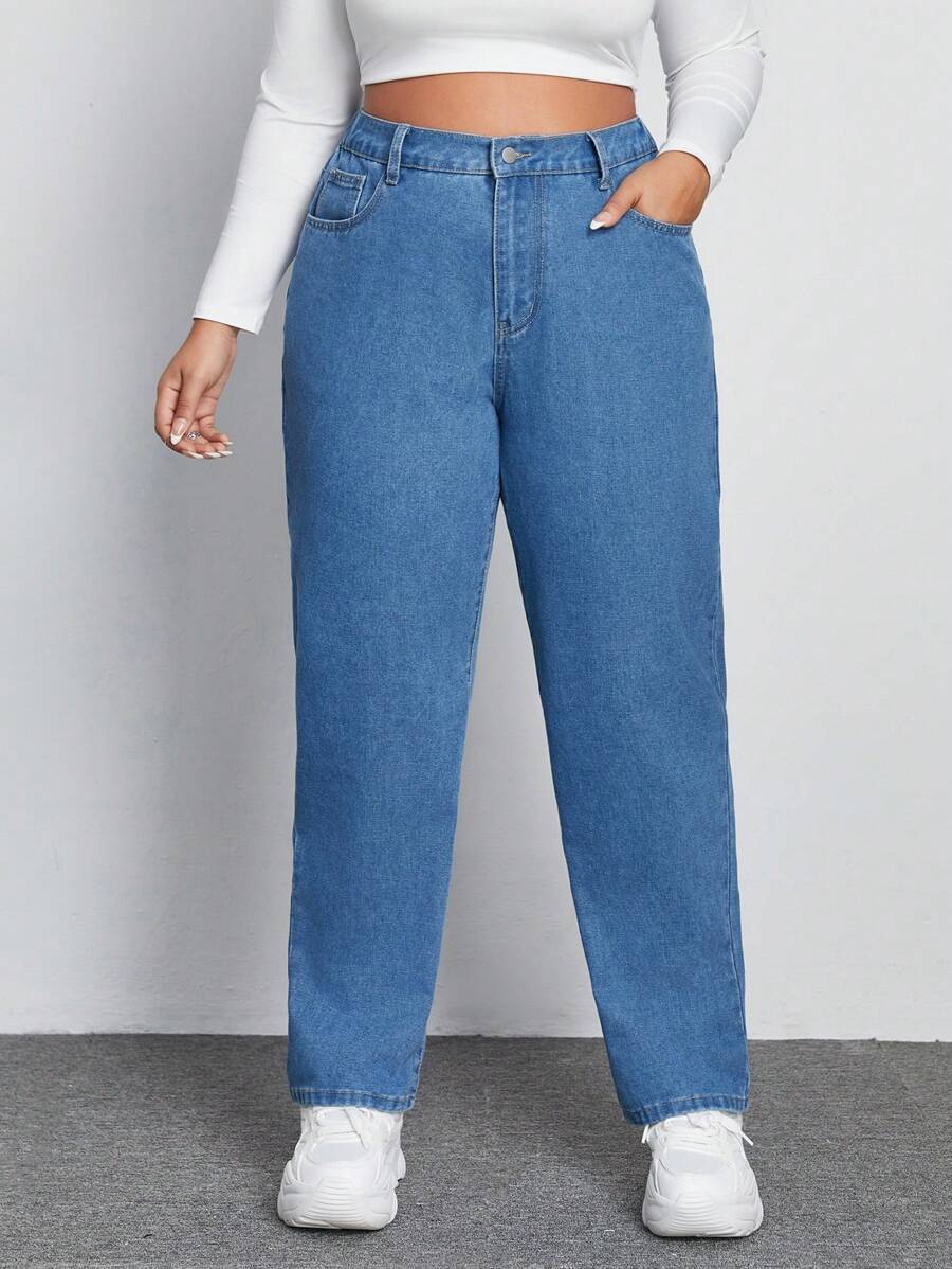 SHEIN EZwear 大碼高腰直筒牛仔褲 - 中等水洗藍 - 查看 1