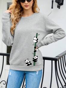 SHEIN EZwear 熊貓印花落肩袖運動衫 - 淺灰色 - 查看 3