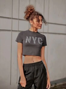 SHEIN Unity 水鑽字母破洞短版上衣 - 灰色 - 查看 3