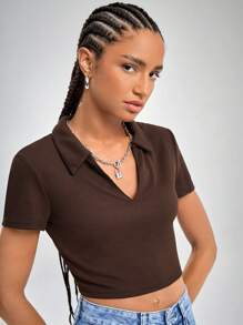 SHEIN EZwear Collared V-neck Rib-knit Tee - Chocolate Brown - View 4