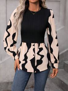 SHEIN LUNE Graphic Print Lantern Sleeve Peplum 2 In 1 Blouse - Black - View 6