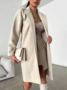 RueChic Lapel Neck Slant Pocket Open Front Coat - Apricot - View 4
