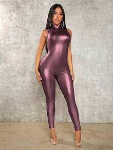 SHEIN SXY 小高領背心彈力緊身連體褲 - 乾枯玫瑰色 - 查看 4