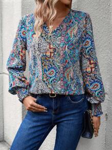 SHEIN LUNE Paisley Print Lantern Sleeve Blouse - Multicolor - View 5