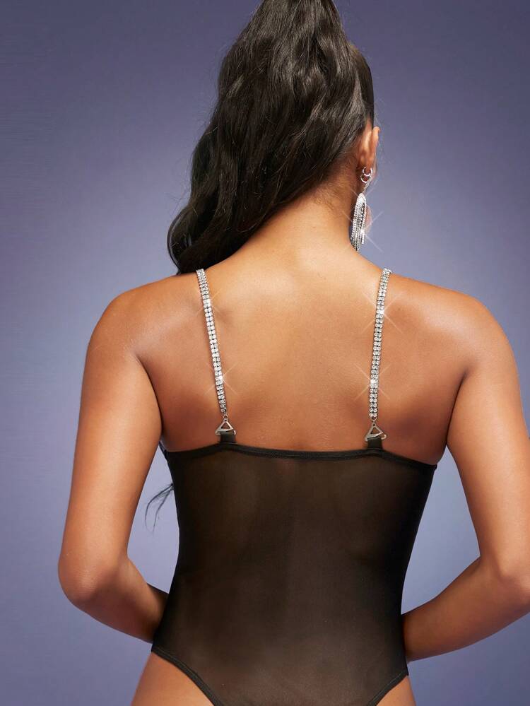 Sexy Sheer Black Two Pieces Set With Rhinestone Details