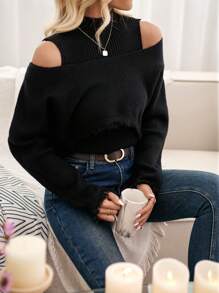 GENKIRA Off Shoulder Xén Thô Áo len & Knit ngọn - màu đen - Xem 6