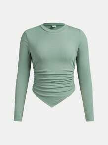 SHEIN Cô gái Dệt kim gân sọc Màu thuần Vòng cổ Đã thu thập Tay áo dài Áo thun - màu đen - Xem 1